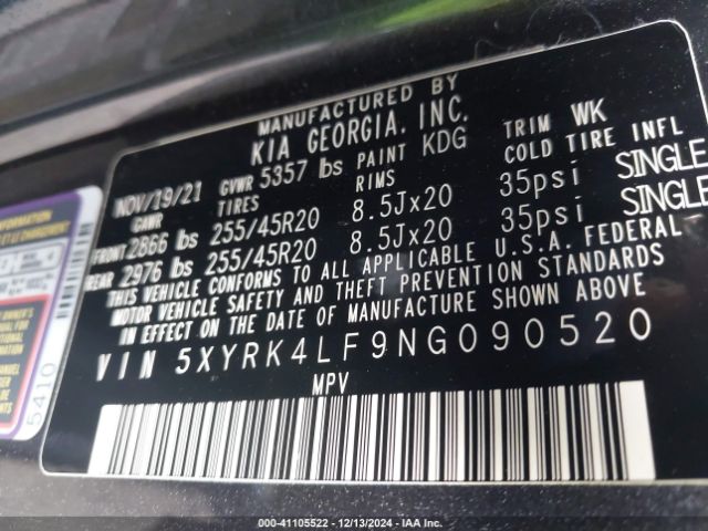 5XYRK4LF9NG090520 KIA Sorento Sx Prestige