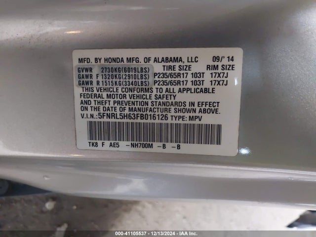 Honda Odyssey Ex-l 2015 5FNRL5H63FB016126 Image 9