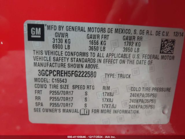 3GCPCREH5FG222580 Chevrolet Silverado 1500 Lt