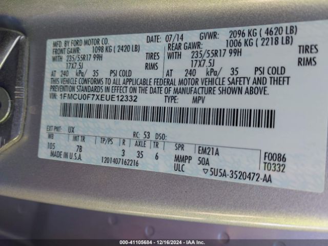 1FMCU0F7XEUE12332 Ford ESCAPE S