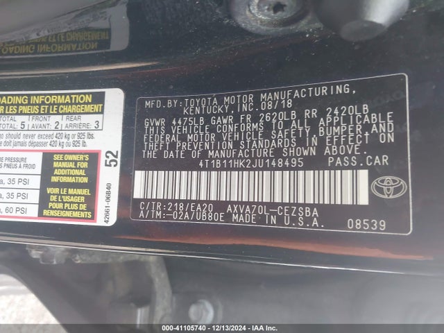 Toyota CAMRY SE 2018 4T1B11HK2JU148495 Image 9
