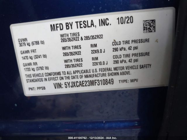 5YJXCAE23MF310849 Tesla Model X Long Range Dual Motor All-wheel Drive/long Range Plus Dual Motor All-wheel Drive