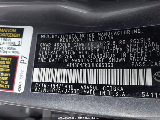 Toyota CAMRY XLE 2017 4T1BF1FK3HU685360 Image 9