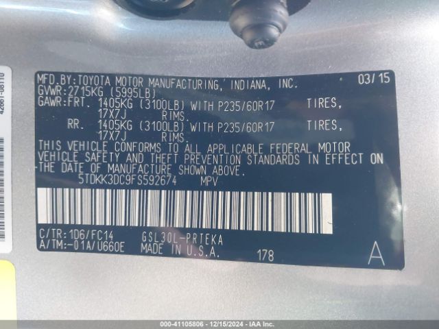 5TDKK3DC9FS592674 Toyota Sienna Le 8 Passenger