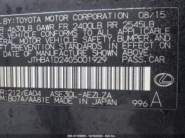 JTHBA1D24G5001929 Lexus IS 200T