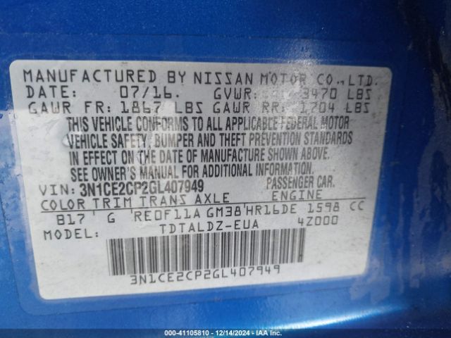 3N1CE2CP2GL407949 Nissan Versa Note S (sr)/s Plus/sl/sr/sv