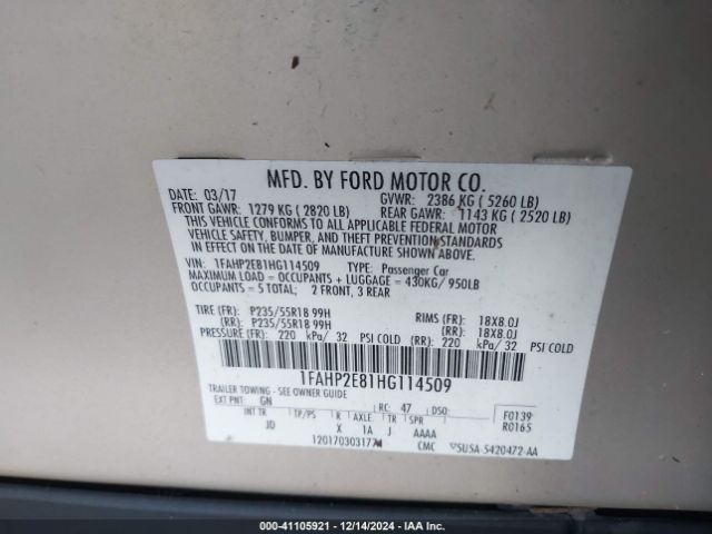 1FAHP2E81HG114509 Ford TAURUS SEL