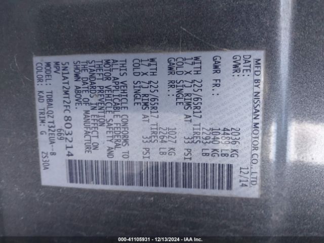 5N1AT2MT2FC803214 Nissan ROGUE SV
