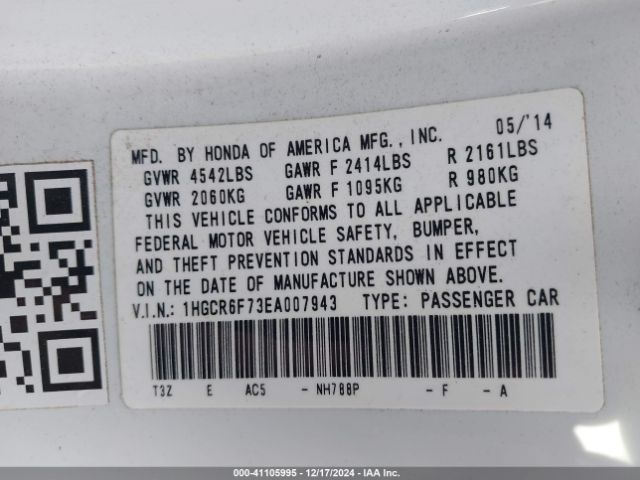 1HGCR6F73EA007943 Honda Accord Hybrid Touring