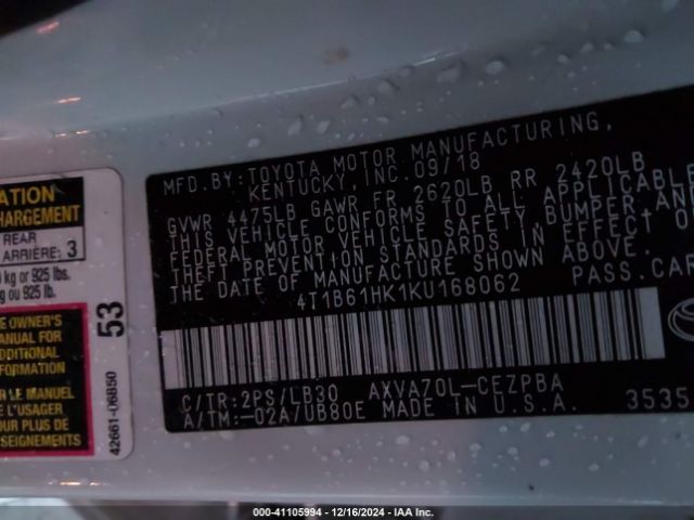 4T1B61HK1KU168062 Toyota CAMRY XSE