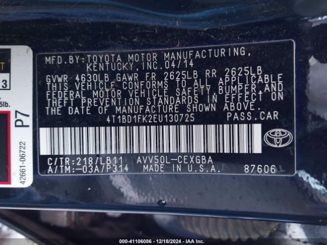 4T1BD1FK2EU130725 Toyota Camry Hybrid Xle