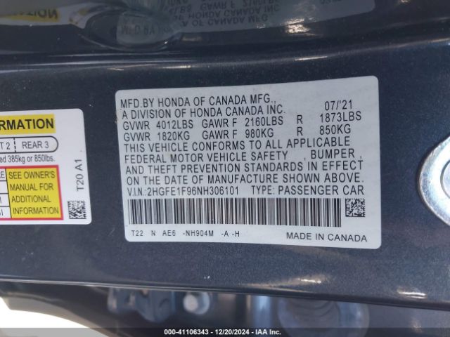 2HGFE1F96NH306101 Honda Civic Touring