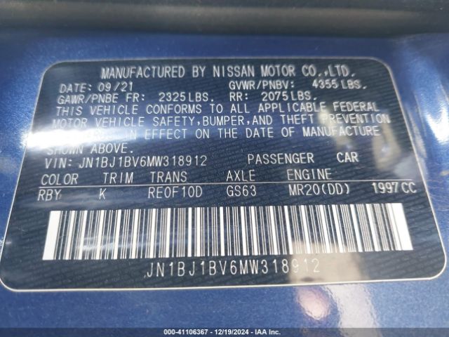 JN1BJ1BV6MW318912 Nissan Rogue Sport Sv Fwd Xtronic Cvt