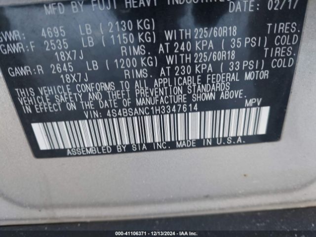 4S4BSANC1H3347614 Subaru Outback 2.5i Limited
