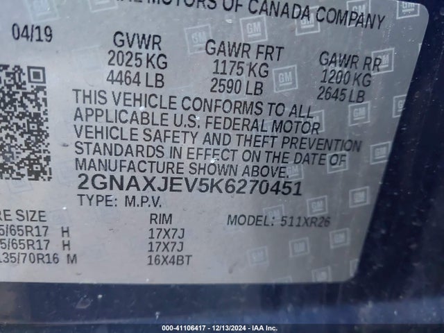 Chevrolet EQUINOX LT 2019 2GNAXJEV5K6270451 Image 9