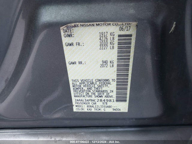 Nissan Altima 2.5 Sv 2017 1N4AL3AP9HC284981 Image 9