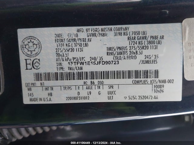 Ford F-150 Lariat 2018 1FTFW1E15JFD90723 Image 9