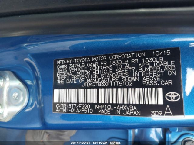 JTDKDTB3XF1115102 Toyota Prius C Two