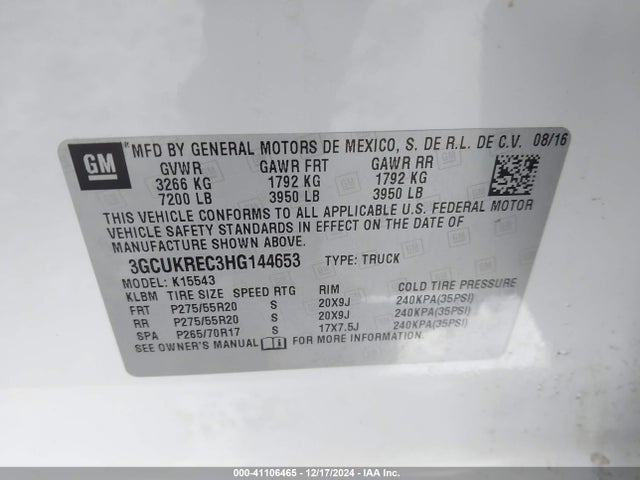 3GCUKREC3HG144653 Chevrolet Silverado 1500 2lt