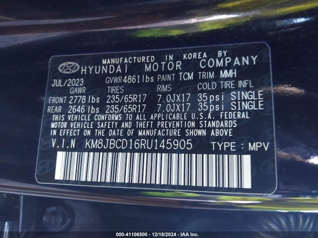 KM8JBCD16RU145905 Hyundai Tucson Hybrid Blue