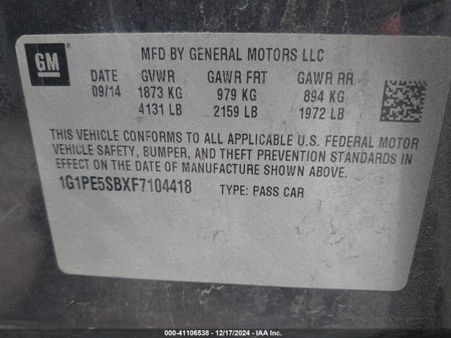 1G1PE5SBXF7104418 Chevrolet Cruze 2lt Auto