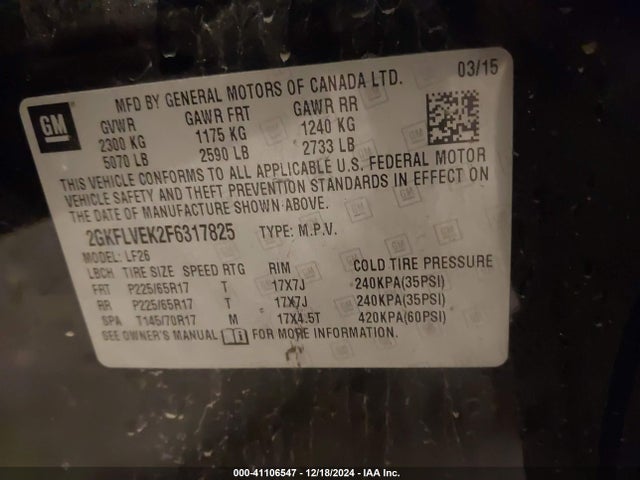 GMC Terrain Sle-1 2015 2GKFLVEK2F6317825 Image 9