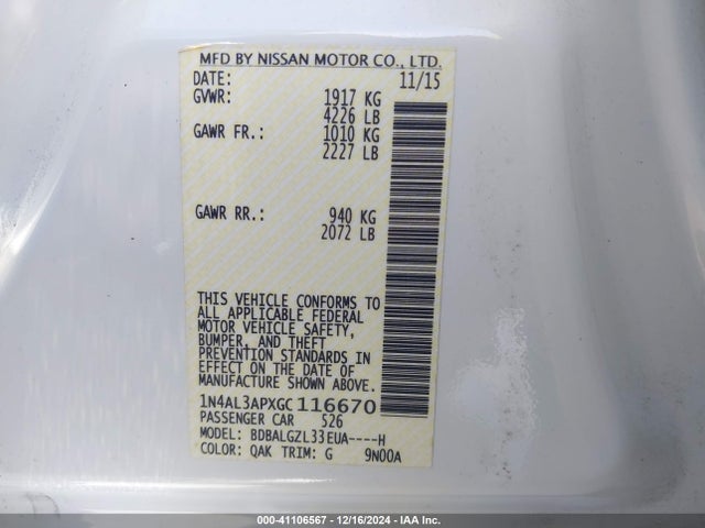 1N4AL3APXGC116670 Nissan Altima 2.5 S