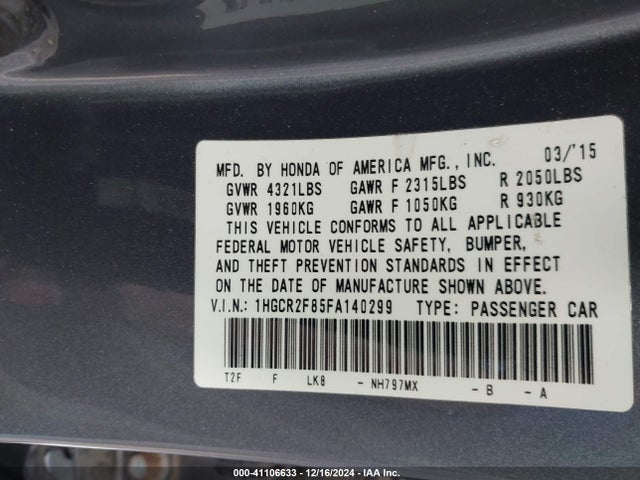 Honda Accord Ex-l 2015 1HGCR2F85FA140299 Image 9
