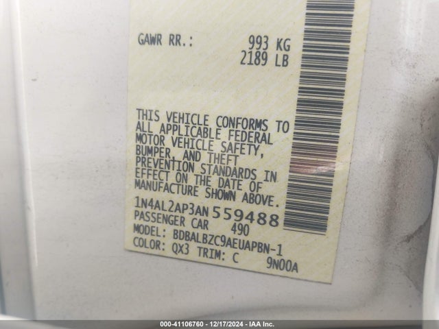 2010 Nissan Altima 2.5 Sl მანქანა იყიდება აუქციონზე, vin: 1N4AL2AP3AN559488, აუქციონის ნომერი: 41106760