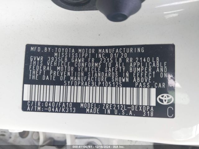 5YFDPRAE9LP105125 Toyota COROLLA L