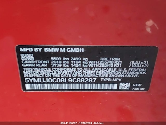 BMW X4 M Competition 2020 5YMUJ0C08L9C88287 Image 9