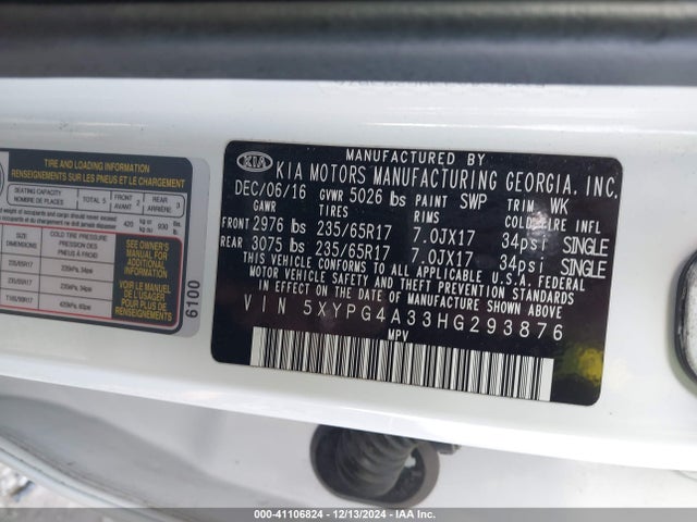 5XYPG4A33HG293876 KIA Sorento 2.4l Lx