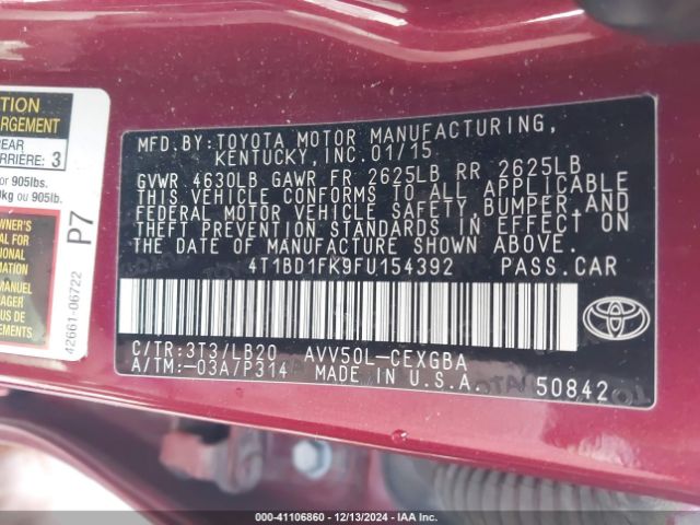 4T1BD1FK9FU154392 Toyota Camry Hybrid Xle