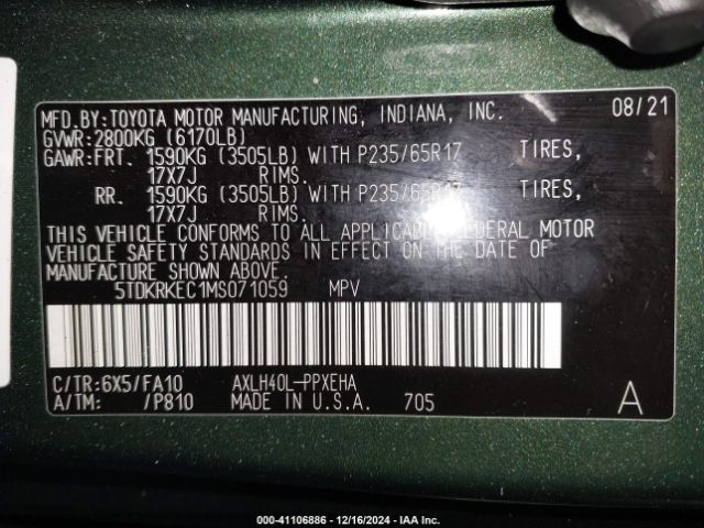 5TDKRKEC1MS071059 Toyota SIENNA LE