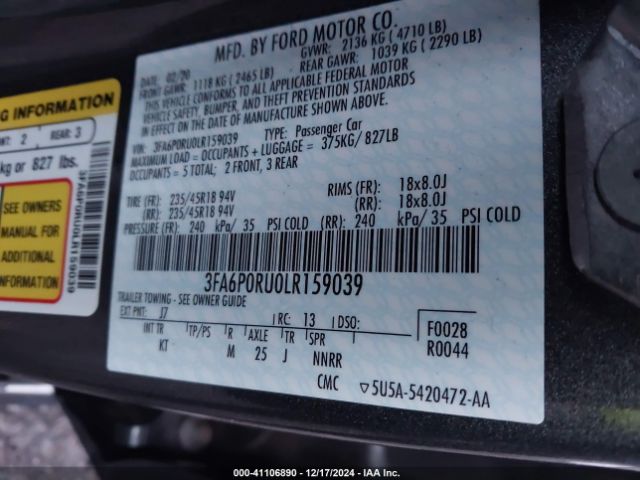 3FA6P0RU0LR159039 Ford Fusion Hybrid Titanium