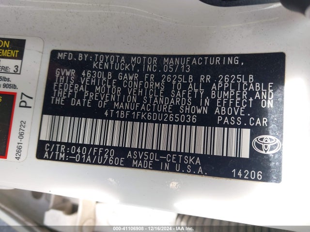 41106908 :رقم المزاد ، 4T1BF1FK6DU265036 vin ، 2013 Toyota Camry Se مزاد بيع