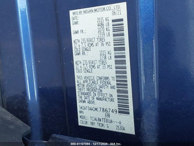 5N1AT3AA1MC786749 Nissan Rogue S Fwd