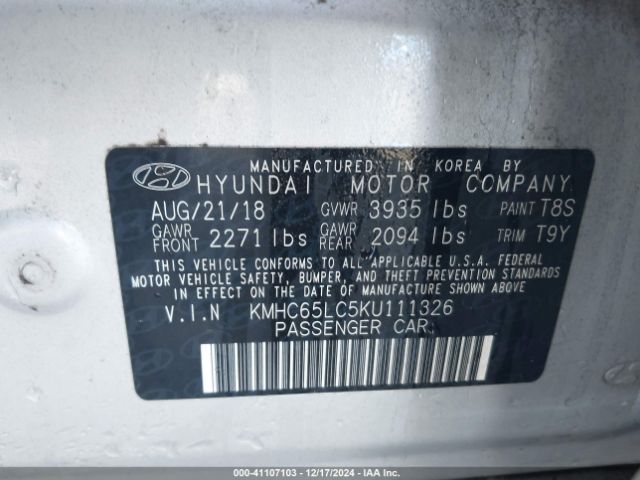 KMHC65LC5KU111326 Hyundai Ioniq Hybrid Blue