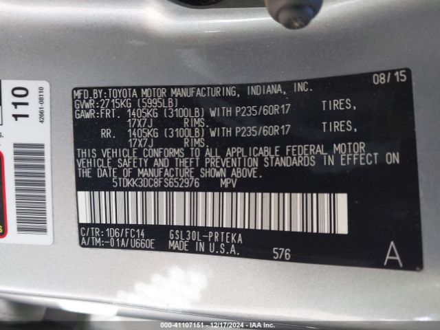 5TDKK3DC8FS652976 Toyota Sienna Le 8 Passenger