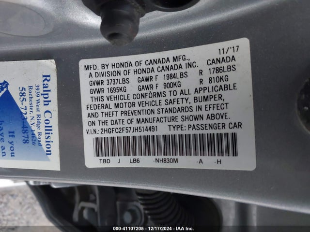 Honda Civic Lx 2018 2HGFC2F57JH514491 Image 9