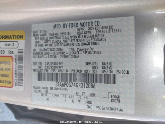 3FA6P0G74GR312086 Ford FUSION S