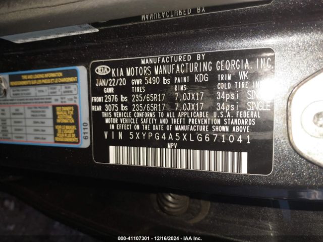 5XYPG4A5XLG671041 KIA Sorento 3.3l Lx