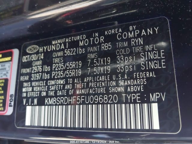 KM8SRDHF5FU096820 Hyundai Santa Fe Gls