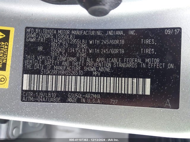 Toyota Highlander Xle 2017 5TDKZRFH9HS526510 Image 9
