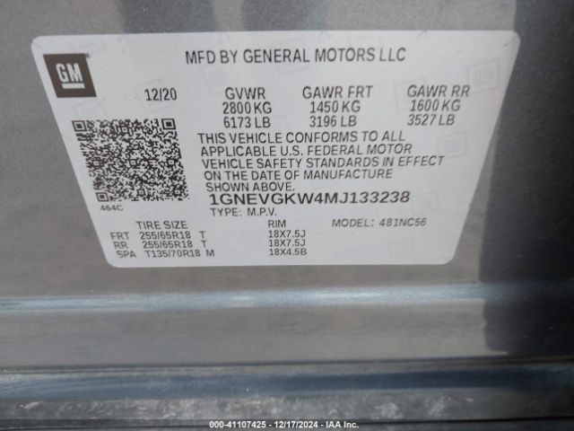 1GNEVGKW4MJ133238 Chevrolet Traverse Awd Lt Cloth