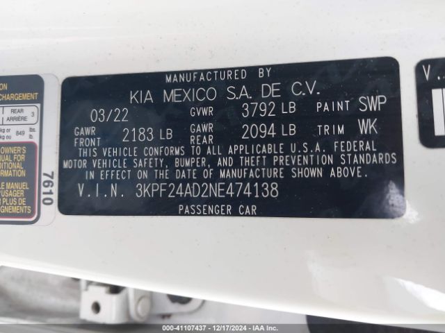 3KPF24AD2NE474138 KIA Forte Lxs