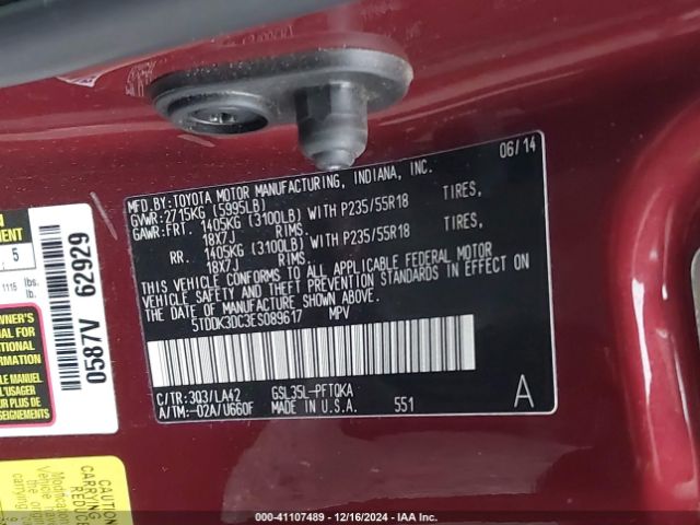 5TDDK3DC3ES089617 Toyota Sienna Xle/limited