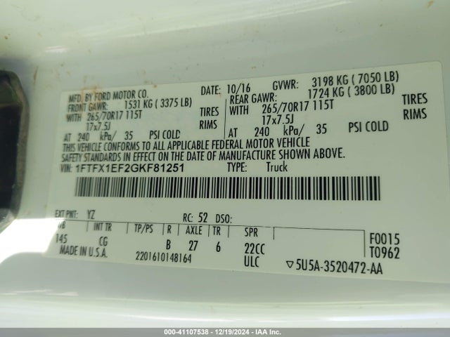 Ford F-150 Xl 2016 1FTFX1EF2GKF81251 Image 9
