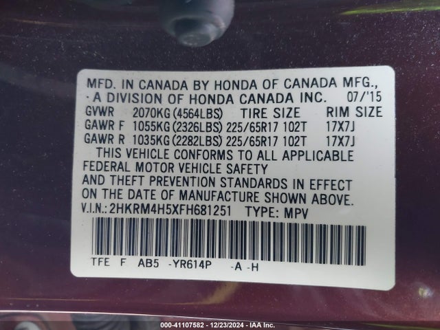 Honda CR-V EX 2015 2HKRM4H5XFH681251 Image 9