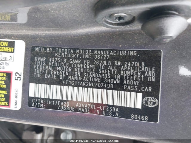 Toyota Camry 2022 4T1G11AK2NU707498 Image 23